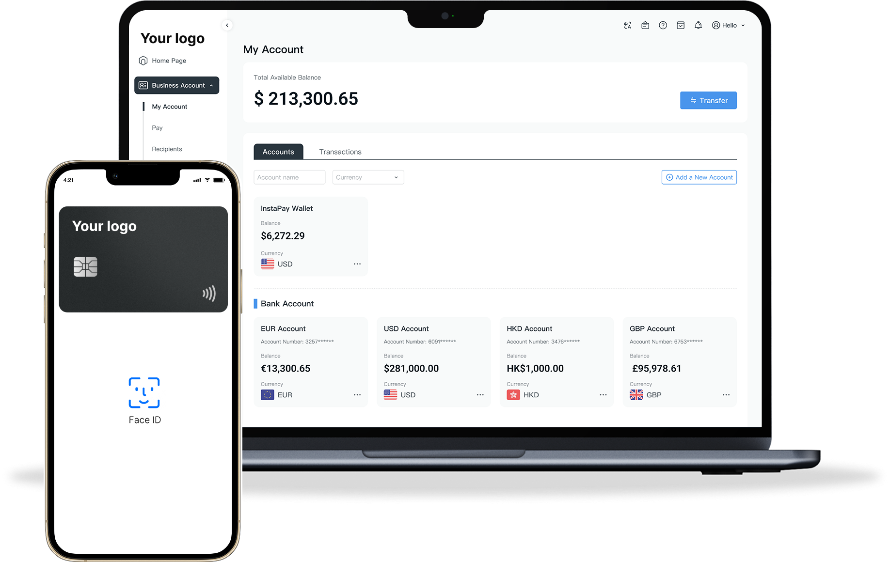 Interlace branded account platform and payment card on desktop and mobile